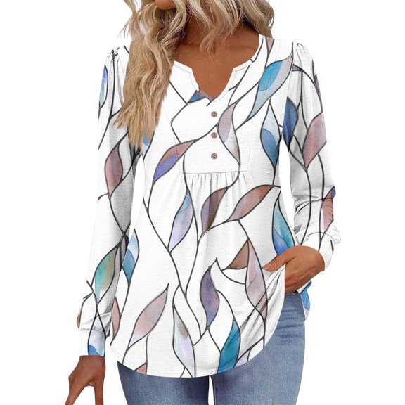 Maplenight Long Sleeve Shirts for Women Henley V Neck Tunic Tops Casual Loose Fit Floral Blouses Fall Fashion Outfits