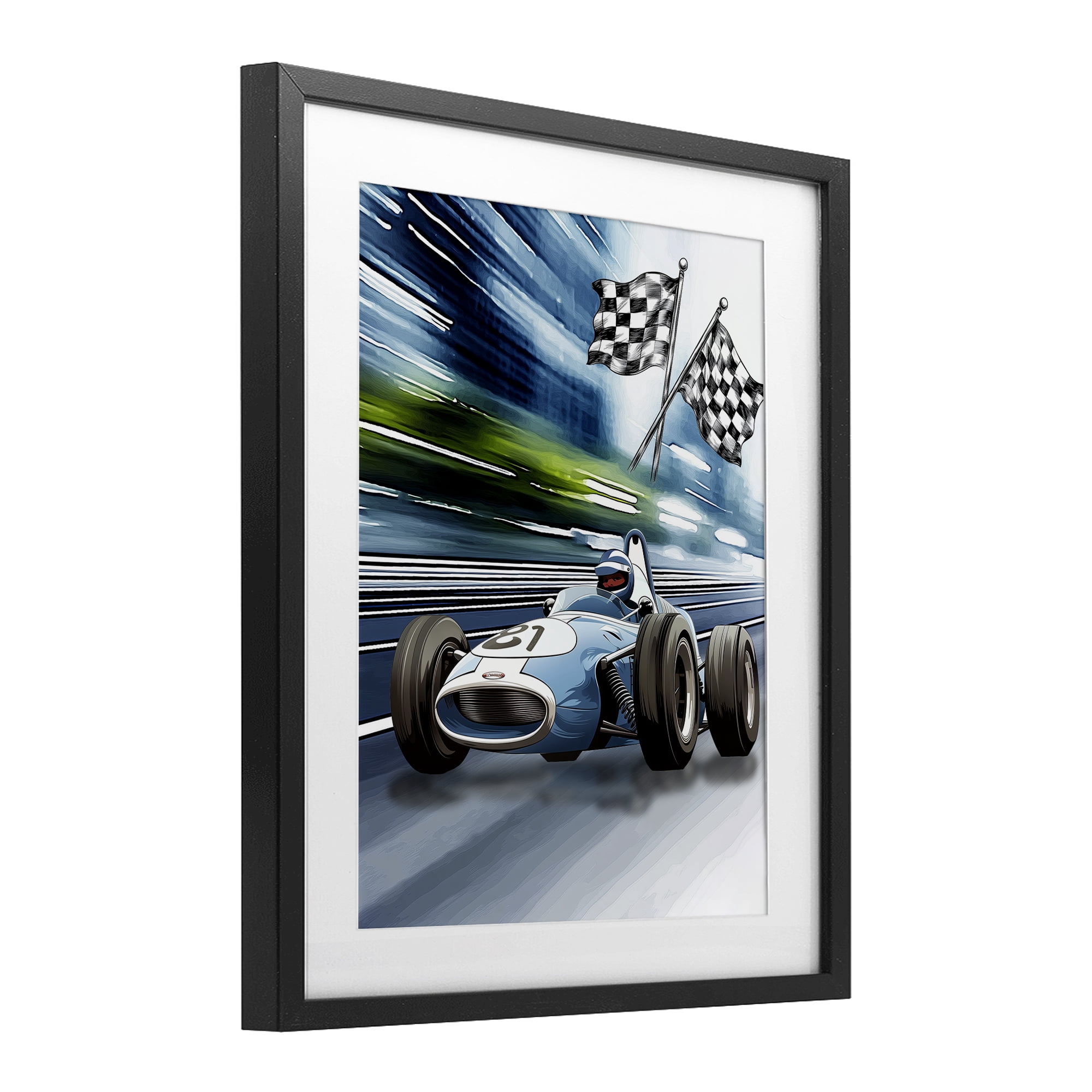 Stupell Industries Speedy Racecar with Flags Black Framed Print Under Glass, design by Christine Simpson Art