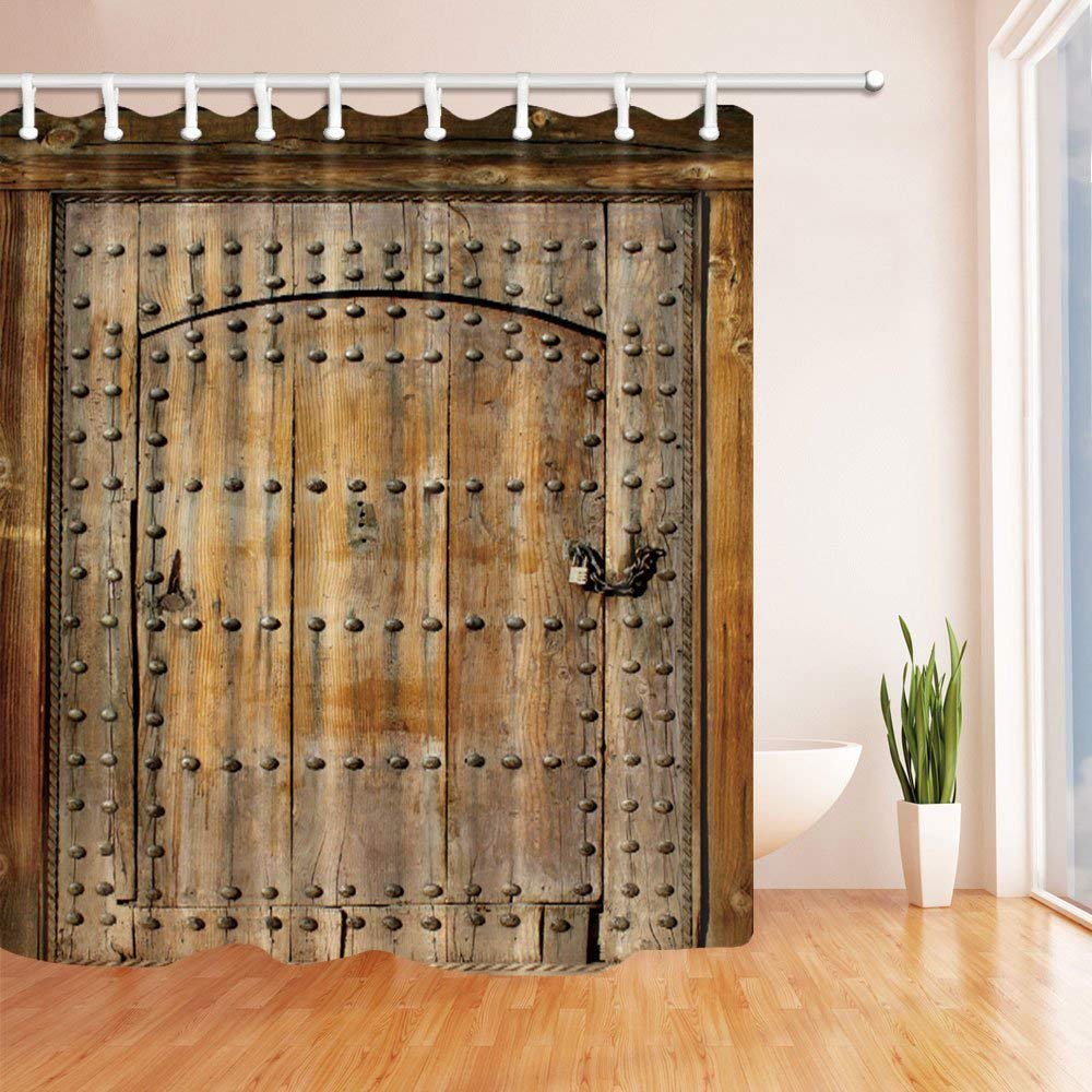 BPBOP Rustic Old Retro Wooden Barn Door Iron Chain Lock Polyester