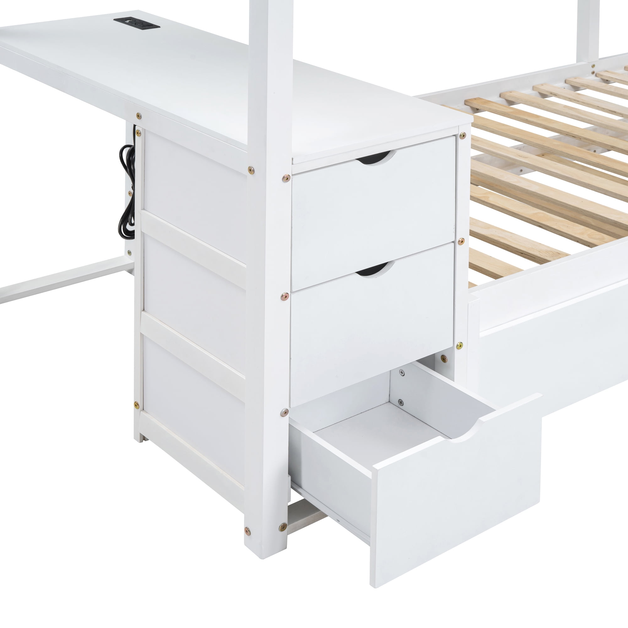 Aukfa Twin Over Twin Bunk Bed with Trundle and USB Charging Station, Wood Bed Frame with Build-in Desk&Storage Drawers for Kids Bedroom, White