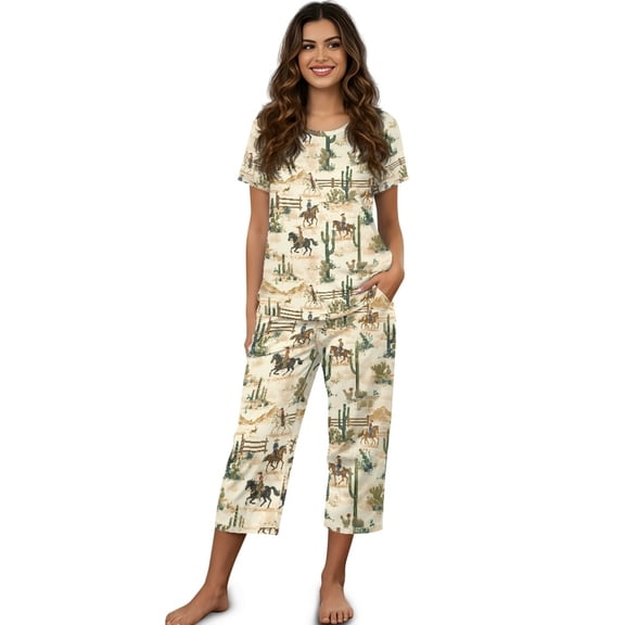 DISNIMO Cowboy Printed Womens Pajama Set Soft Sleepwear Short Sleeve Tops and Capri Pant Pjs for Summer, S