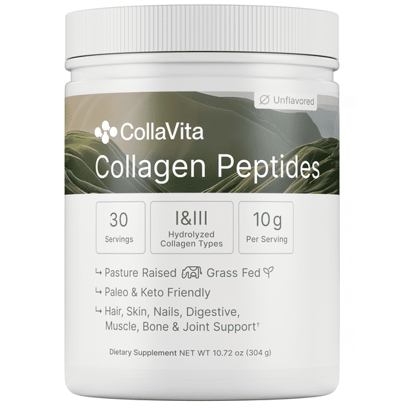 COLLA VITA Collagen Peptides Powder for Women & Men, Hydrolyzed Type I & III, Grass-Fed, Hair Skin Nails & Joints, Unflavored, 10 oz,30 Servings