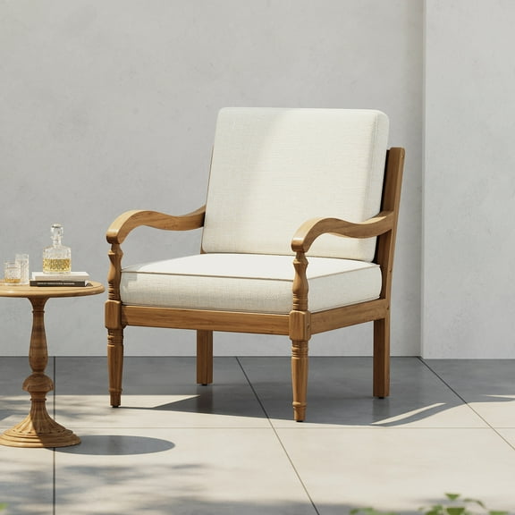 Christopher Knight Home Classic Carved Outdoor Lounge Chairs with Cushions, Solid Wood Frame, Beige, Set of 2