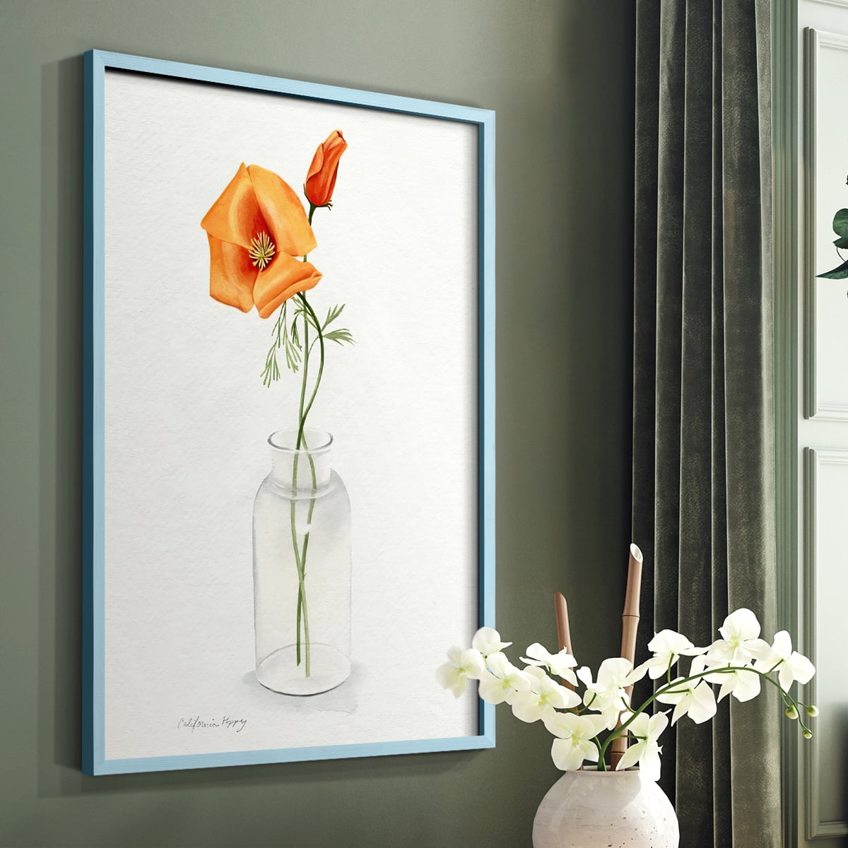 California Poppy Vase I Framed Print in Blue Solid Wood Framed Print No Nail Hanging