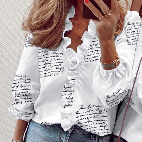 Duoif Summer Blouse for Women, Women's Ruffle V Neck Short Sleeve Shirts V Neck Button down Elegant Ladies Tops, Black, L