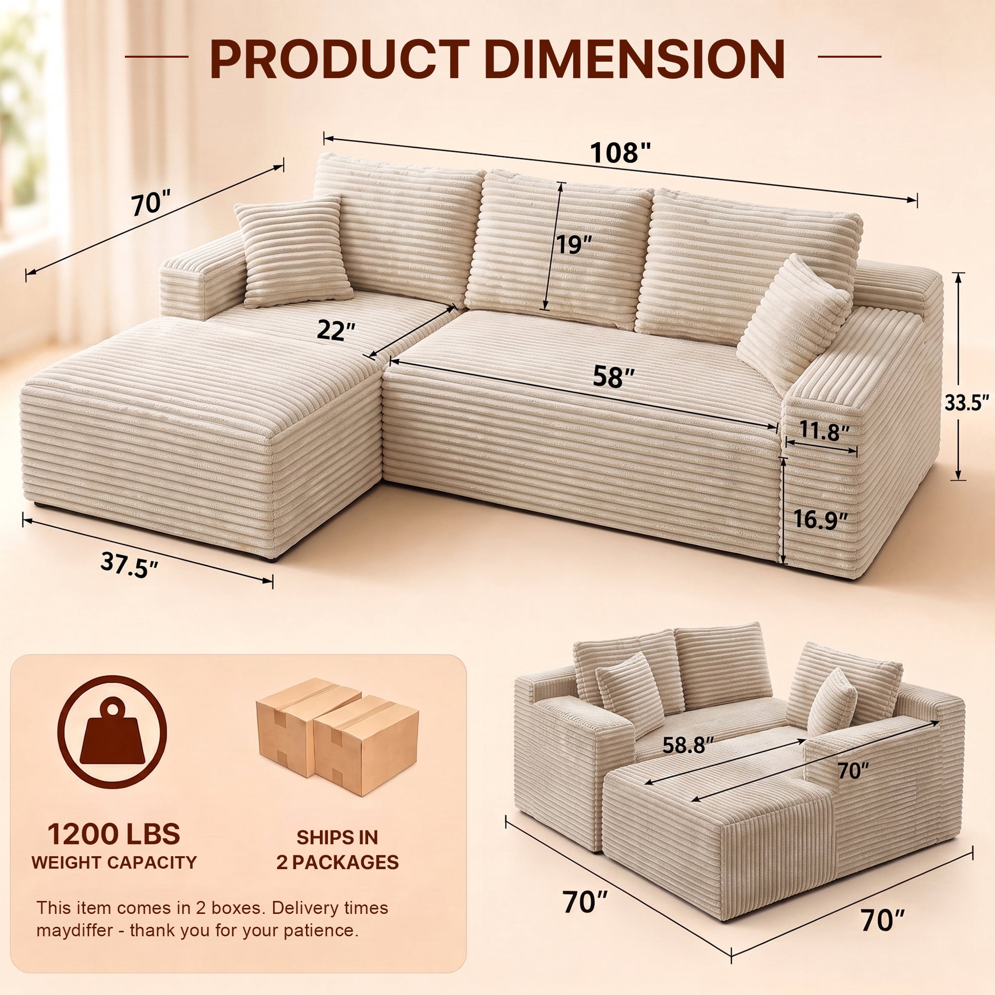 Aukfa 108" Cloud Sectional Sofa Deep Seat Boneless Couch Modular L-Shaped Couch, Left Chaise Corduroy Sofa for Living Room, Khaki
