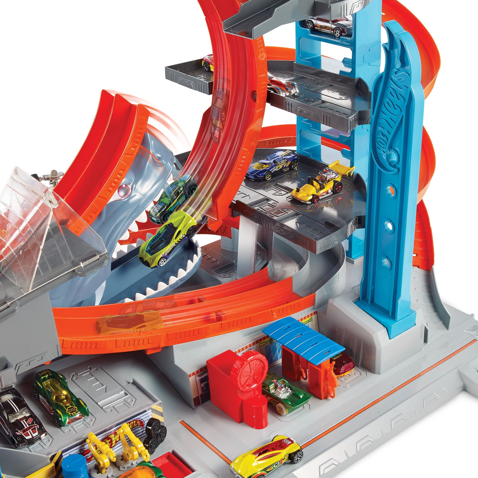 hot wheels ultimate garage tower shark loop racetrack set with two vehicles