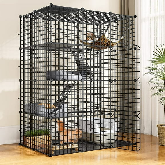 SEEKOL Large 4-Tier Cat Cage Enclosure Metal Wire Kennel, Playpen Catio with Hammock & Platforms, Multi-Level Activity Center for Indoor Cats.