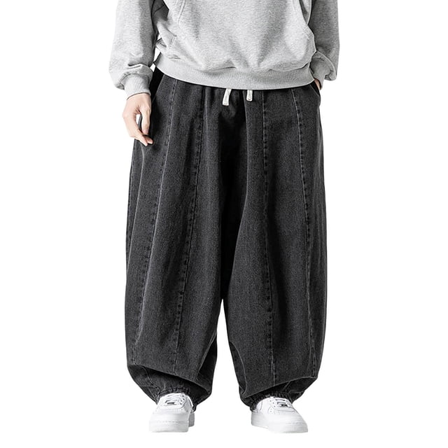 Zszcpp Mens Casual Pants Large Retro Wide Leg Elastic Waist Loose Jeans Drawstring Design Trousers Casual Trouser