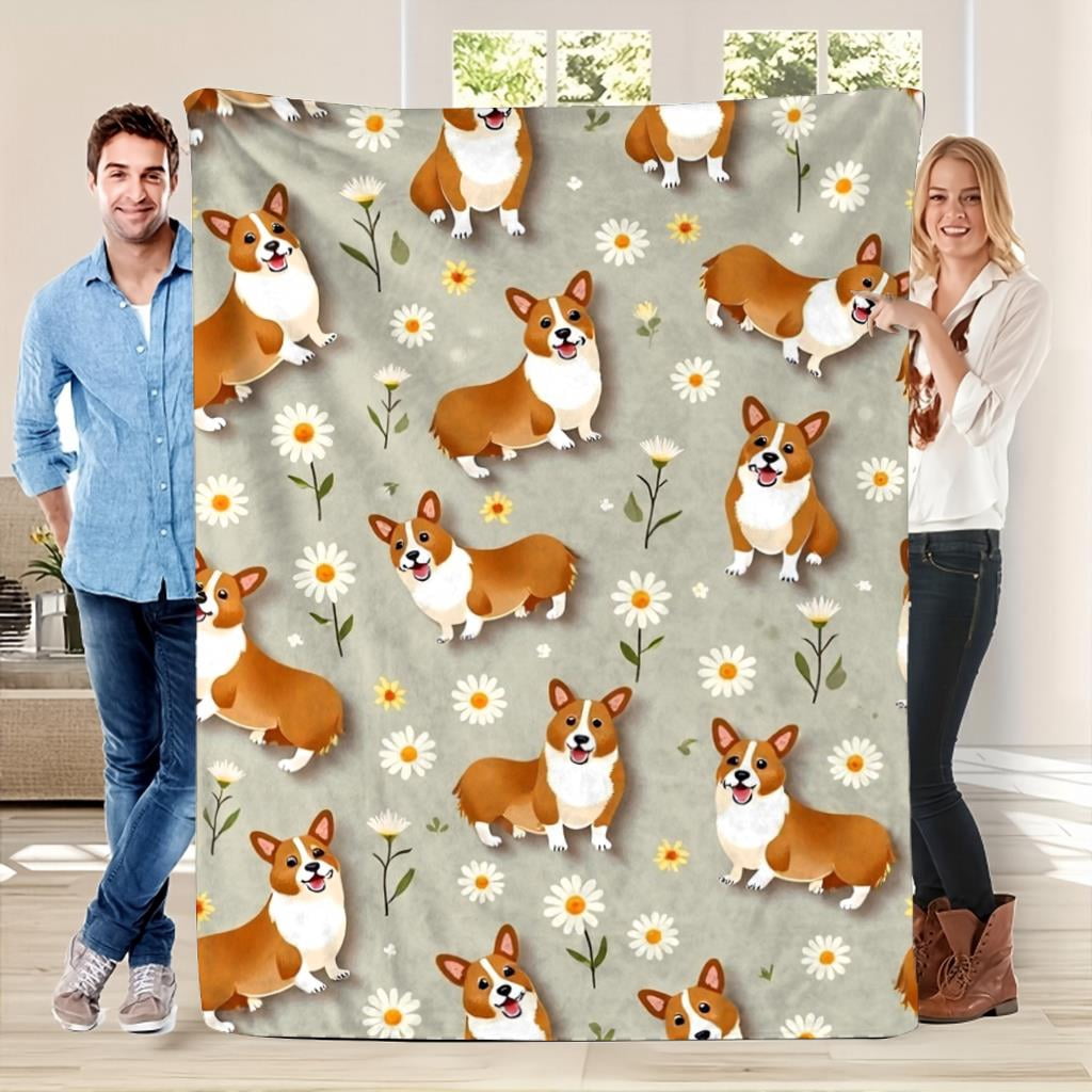 Corgi Dog Print Flannel Throw Blanket 280GSM, Soft Plush Lightweight All-Season Blanket for Sofa Bed Travel Outdoor, Cozy Warm Bedspread for Corgi Lovers