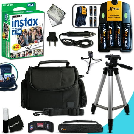 - Complete ACCESSORIES KIT for Fujifilm Instax 300 WIDE includes: 20 Instax WIDE Film + 4AA Batteries (3100mAH) + AC/DC Quick Charger + Custom Fitted Case + Full Size 60' inch Tripod + MORE