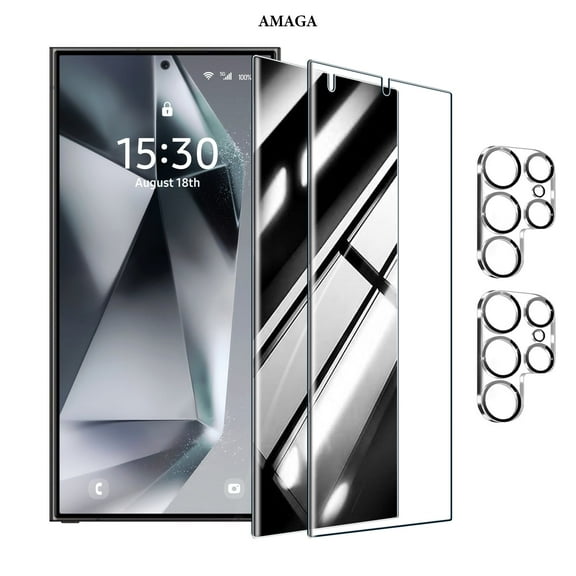 [2 2 Pack] AMAGA Compatible with Samsung Galaxy S24 Ultra Screen Protector, HD and Privacy Tempered Glass Screen Protector with Camera Lens Protector