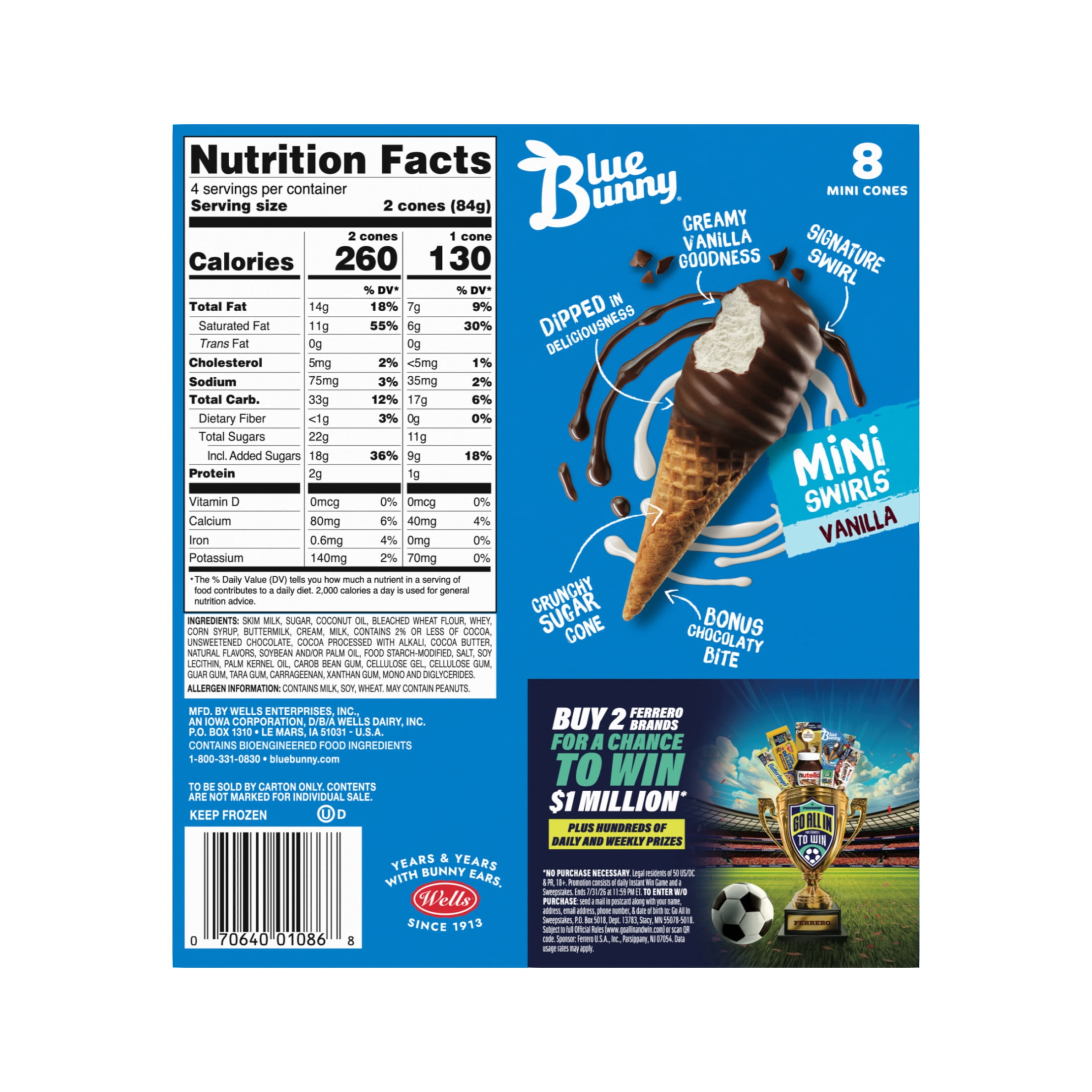 Blue Bunny Mini Swirls Vanilla Cones, 2.25 Fl Oz, 8 Count