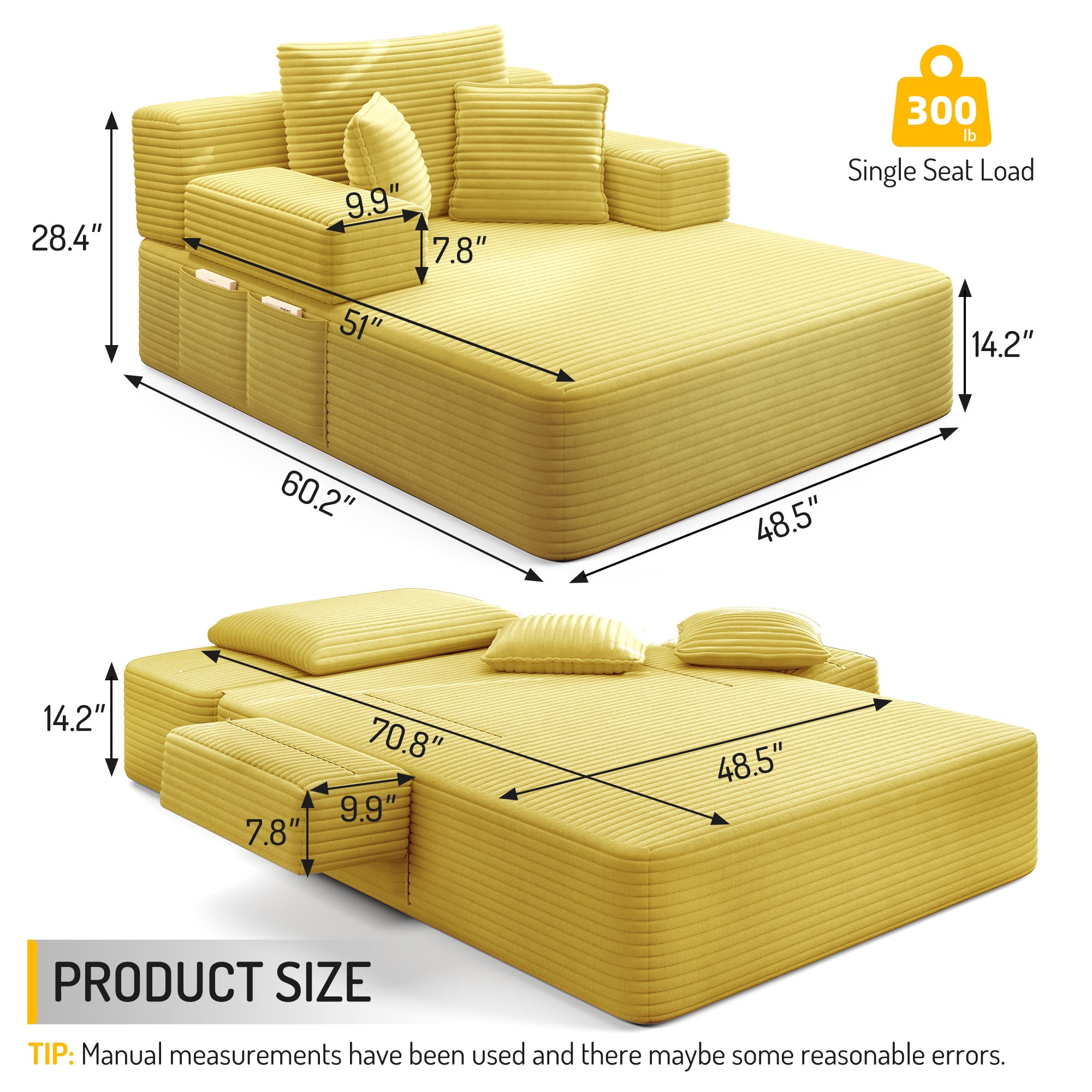 Alvantor Oversized Corduroy Convertible Chaise Lounge Sofa Bed, Yellow