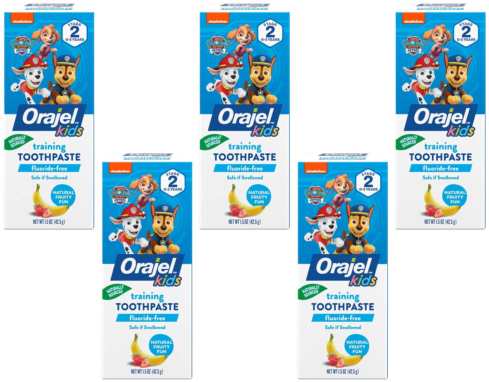 5 Pk Orajel Kids Training Toothpaste Paw Patrol Natural Fruity Fun Flavor 1.50oz Ea