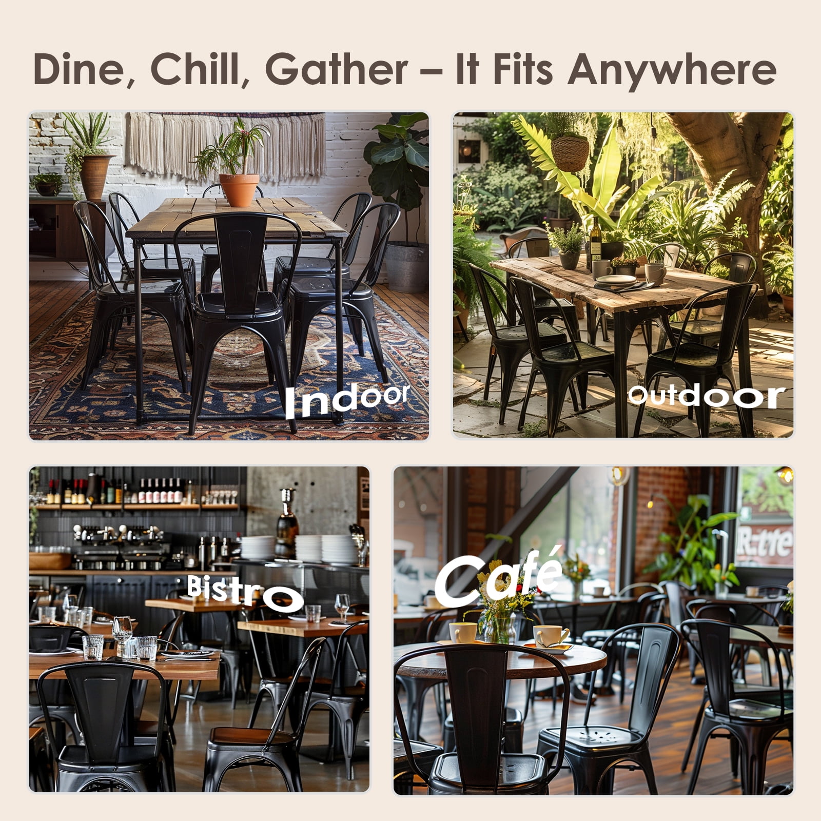 Rivbuio Heavy Duty Metal Dining Chairs Set of 2, Stackable Tolix Style with X-Brace, Commercial Bistro Chair for Restaurant/Kitchen/Patio - Gloss Black