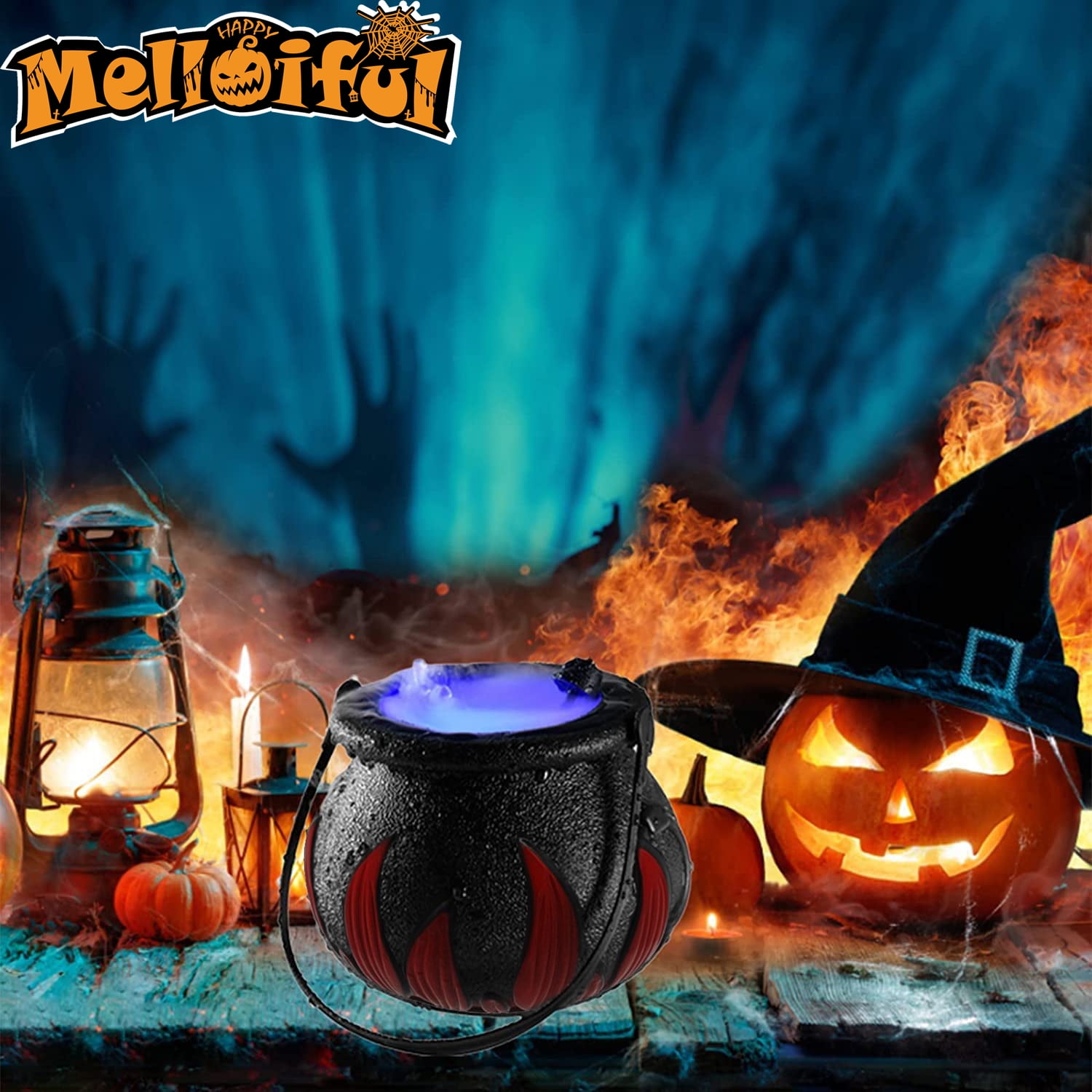 Halloween Mist Maker,Black Cauldron with Witch Jar Atomizer Lamp with 12 LED Light Color Change Fogger Mist Maker Mini Candy Cauldron Decor for Halloween Theme Party Prom Prop ABS Plastic 