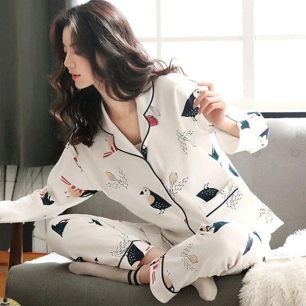 Conjuntos de pijamas de 2 piezas para mujer, 100% de algodón con estampado ropa de dormir, camisa de manga larga, pantalones, traje para estar en casa
