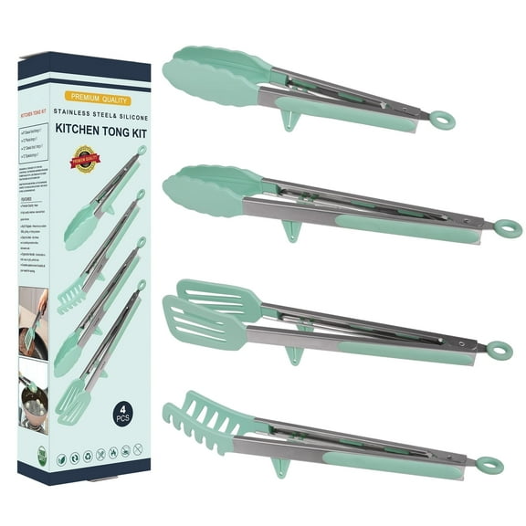 4in1 Stainless Steel Kitchen Food Tongs Set for Cooking with BPA Free Silicone Tips, Toaster Steak Pie Pizza Pasta Spaghetti Noodles Salad Fruit Vegetable Grill BBQ Buffet Clamp Serving Tools Gadgets