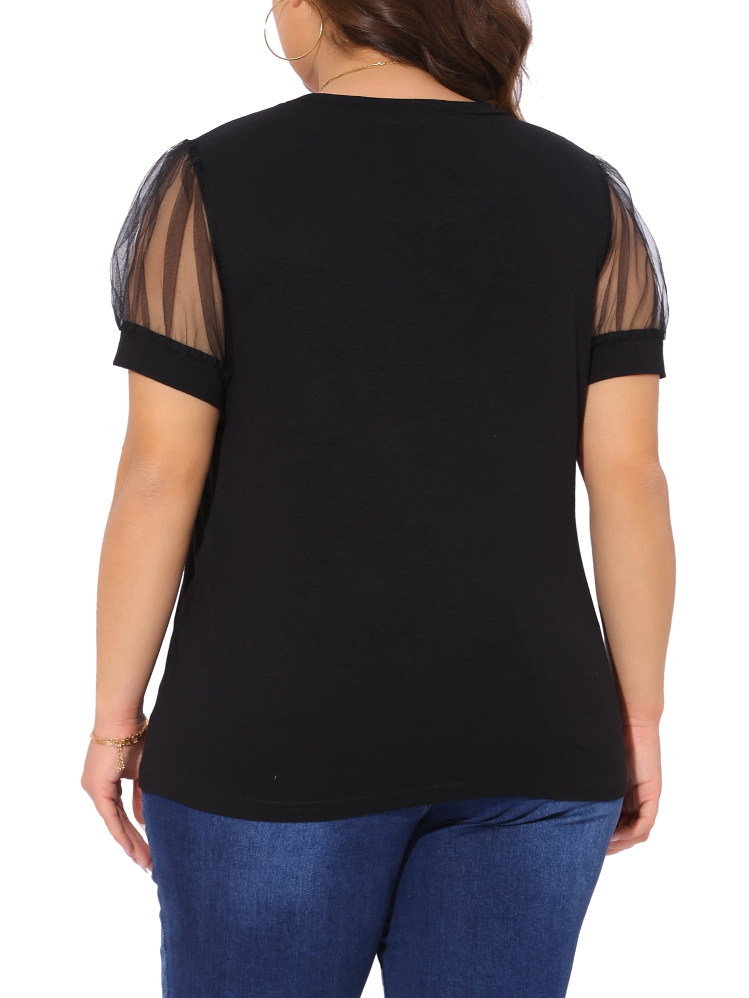 DARING DIVA Women's Plus Casual Crew Neck Mesh T Shirt Blouse Tops 2X Black