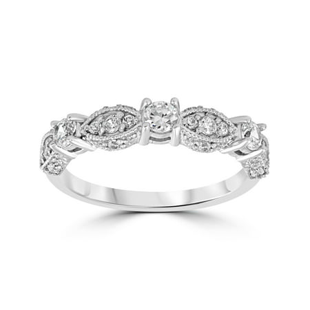 1/2ct Vintage Diamond Wedding Ring 14K White Gold Womens Art Deco Stackable Band
