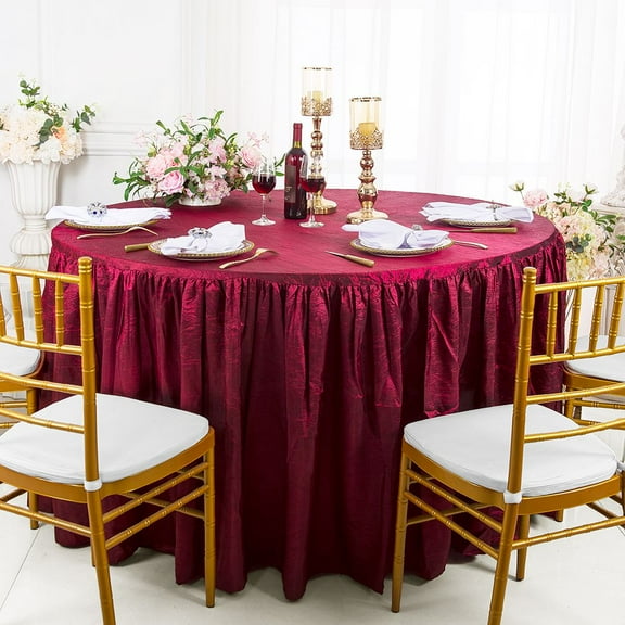 Wedding Linens Inc. 72"W x 30"H Round Ruffled Fitted Crushed Crinkle Taffeta Tablecloth Table Cover Linens With Skirt - Burgundy