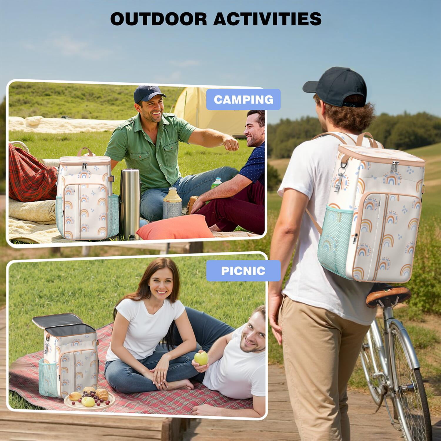 Camping Cooler Backpack 26 Cans,Cooler Bag Insulated Leak Proof Travel Cooler Bag Waterproof Lunch Picnic Beach Work Trip Thermal Bag Drink Beverage Beer Bag Cooler Rainbow Cartoon