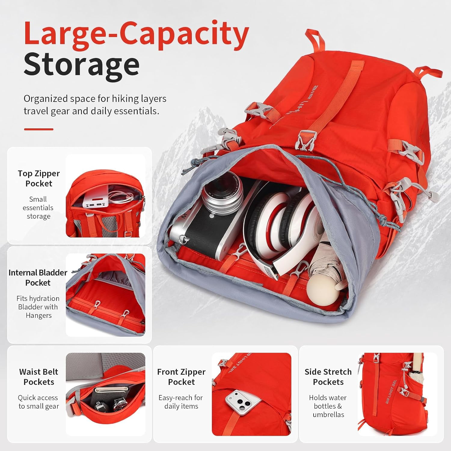 JIDIZHE 32L Hiking Backpack with Internal Frame and Rain Cover, Lightweight Pack Equipped with Adjustable Chest Strap, Breathable Unisex Daypack for Hiking, Camping and Travel，Red
