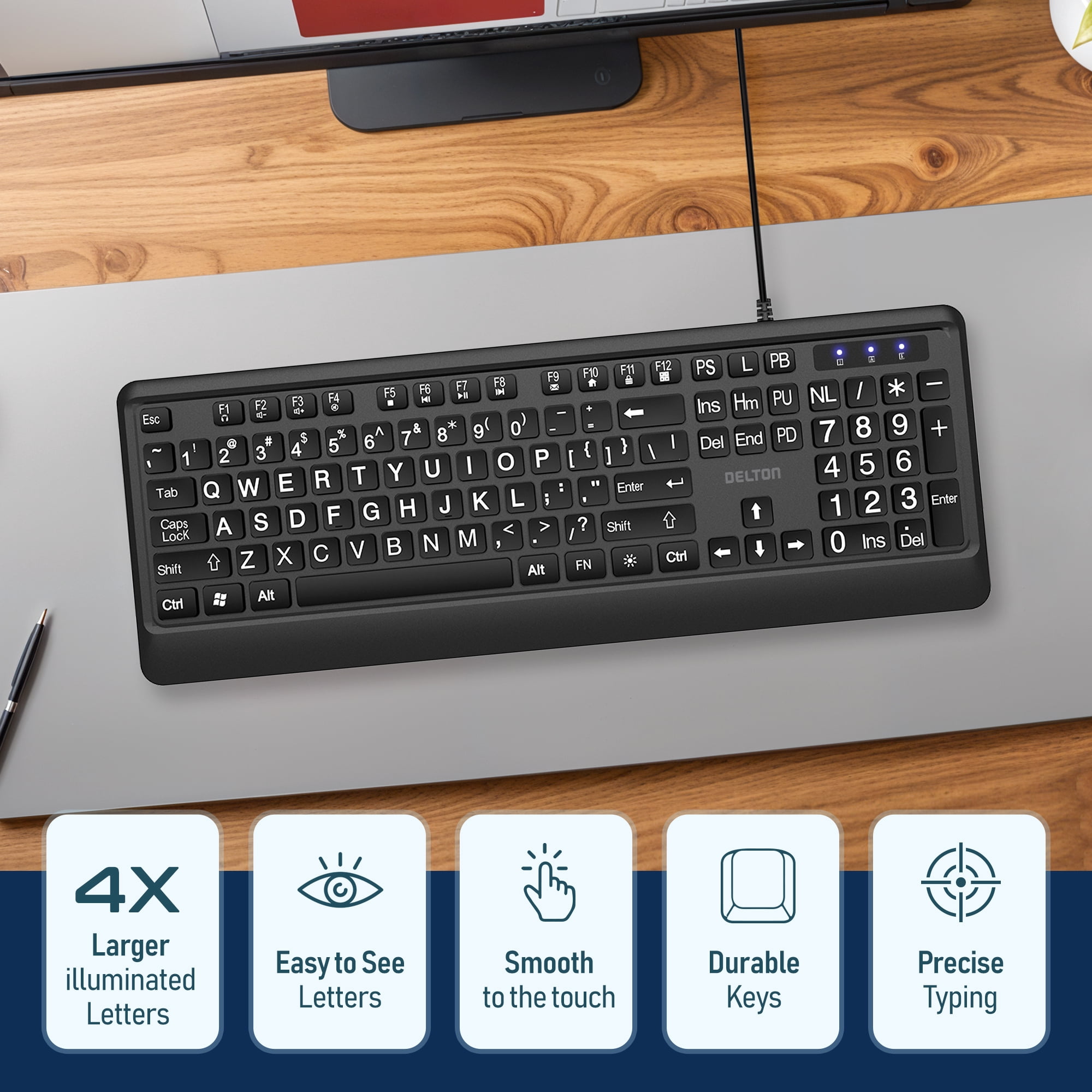 Delton KB20 Large Print Backlit Wired Keyboard, 4X Large Button Keyboard for Elderly or Visually Impaired, USB Wired Lighted Keyboard, 104 Keys Standard Keyboard, Compatible for PC/Laptop/iMac, Black