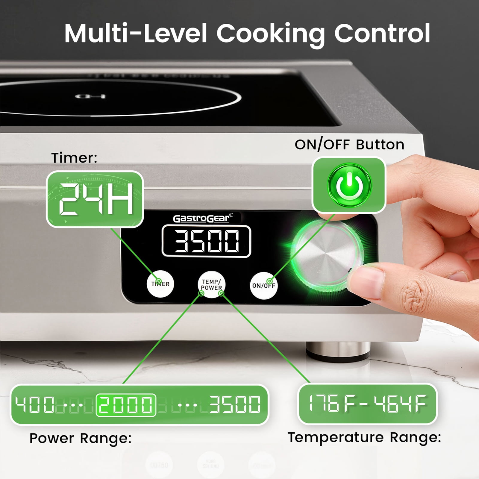 GastroGear 3500W Commercial Induction Cooktop, 208V  Heavy-Duty Countertop Induction Burner, Electric Cooktop with 9.25" Copper Coil, 24H Timer for Commercial Kitchens