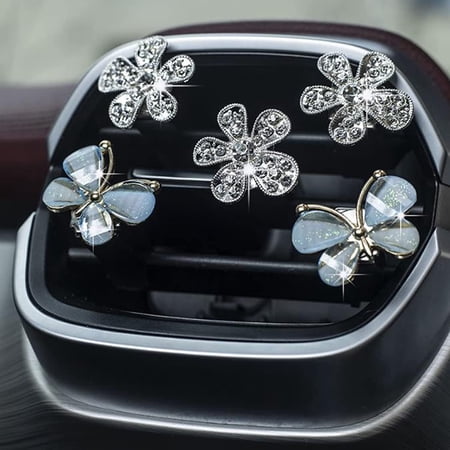 Flower Air Vent Clip Air Conditioning Outlet Clip Rhinestone Butterfly Car Air Freshener Clip Cute Car Accessories,Silver