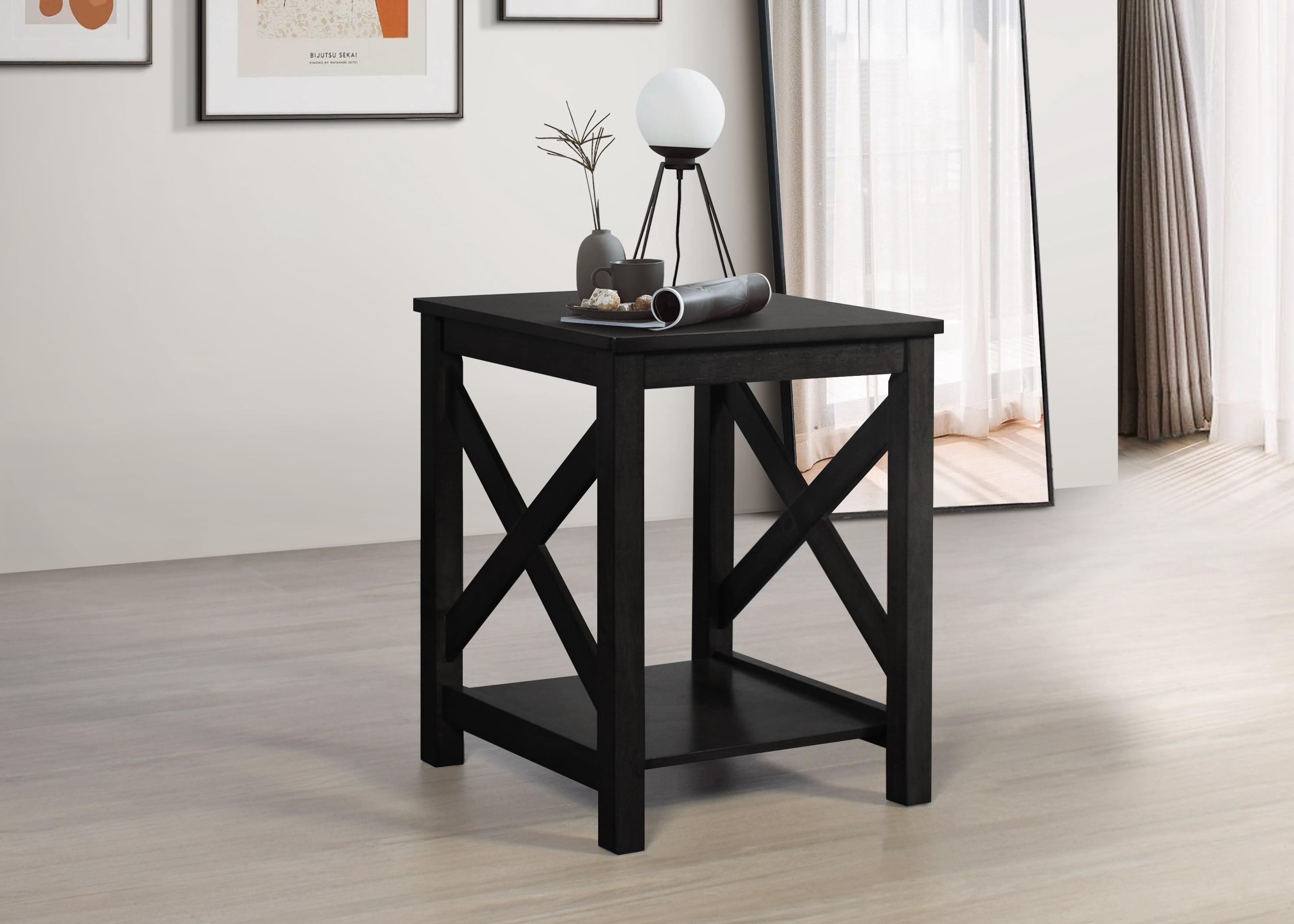 Home Design Novato 3-Piece Coffee Table Set with Rectangular Coffee Table and 2 Matching End Tables, X-Shaped Side Design with Open Shelf for Modern Living Room, Black