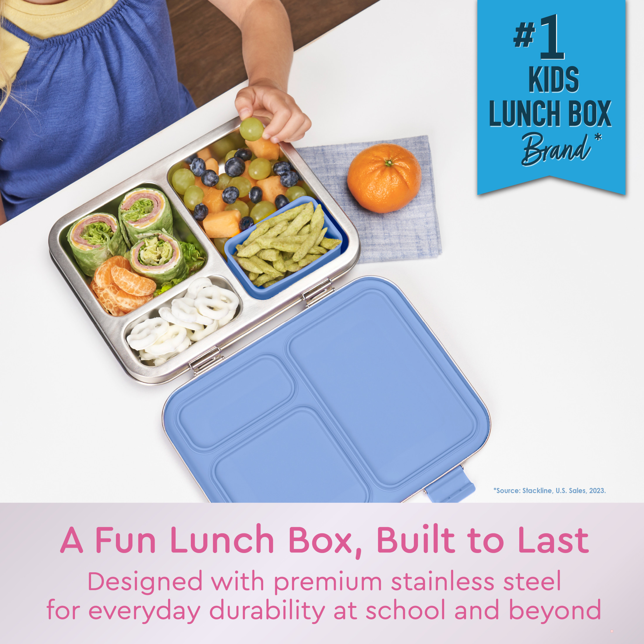 Bentgo Kids Stainless Steel Prints Leak-Resistant Lunch Box - 3-Compartments with Silicone Container, Durable, Eco-Friendly, Dishwasher Safe, for School, Ages 3+ (Rainbows & Butterflies)