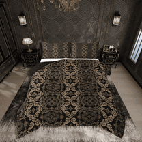 Manfei Bohemian Damask 2pcs Bedding Comforter Set,Black Golden Twin Comforter Sets,Boho Flower Bedding Set,Microfiber Exotic Room Decor,Reversible