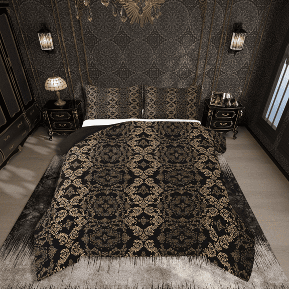 Manfei Bohemian Damask 2pcs Bedding Comforter Set,Black Golden Twin Comforter Sets,Boho Flower Bedding Set,Microfiber Exotic Room Decor,Reversible