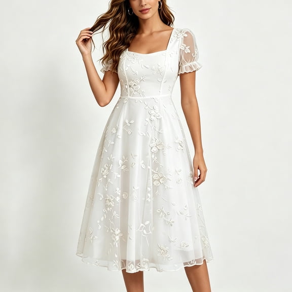 Blmnix Fit & Flare Woman Dress Lace Dress A Line Dresses Elegant Dresses Under Dress Mid-Length Short Sleeve White Square Neckline Women Summer Dresses XL