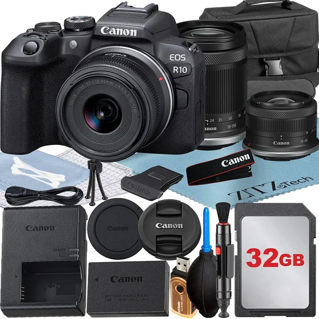 Canon EOS R10 Mirrorless Camera with RF-S 18-45mm + 18-150mm Lens + 32GB Memory Card + Case + ZeeTech Accessory Bundle