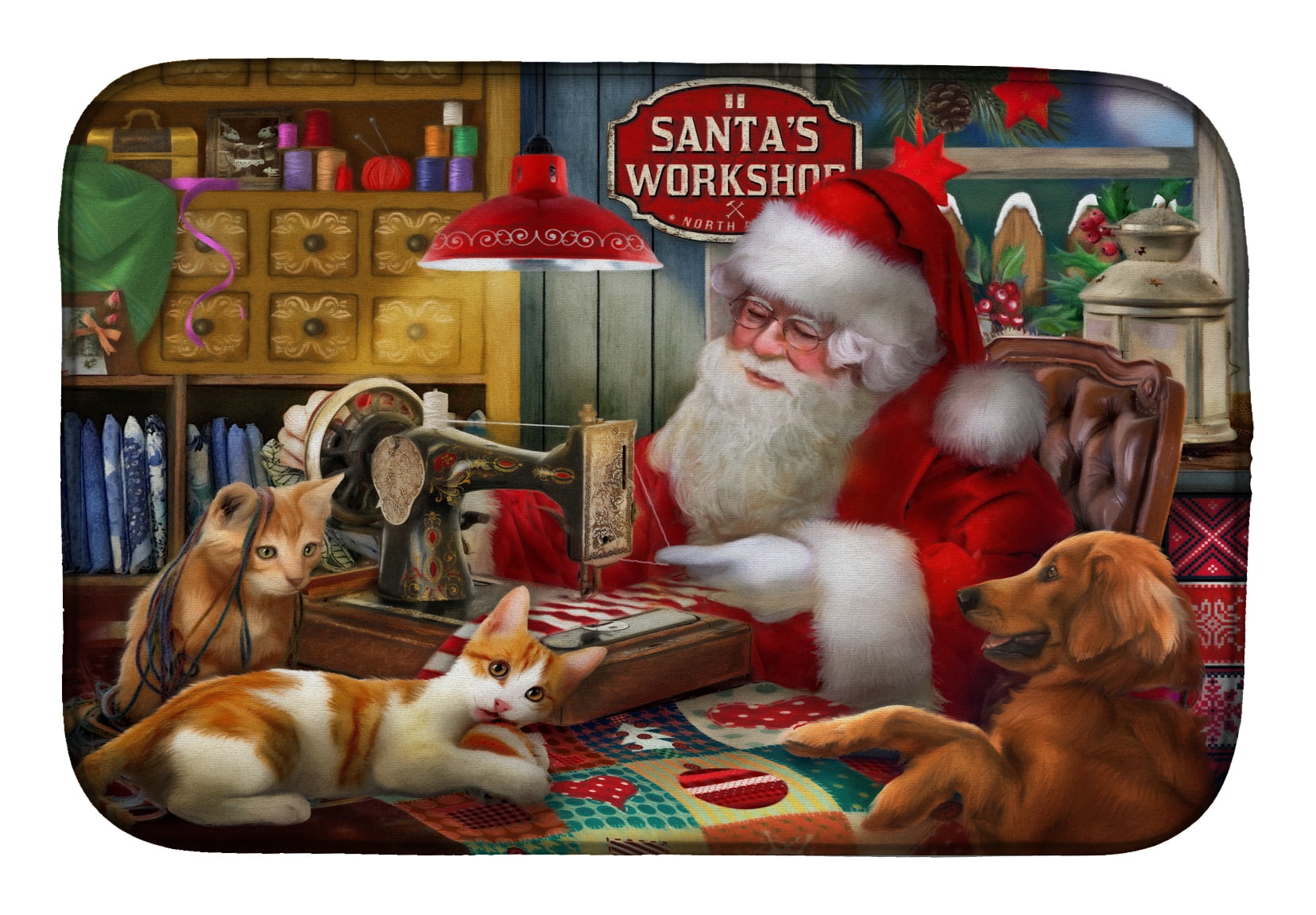 Santa's Workshop, Golden Retriever and Cats Dish Drying Mat