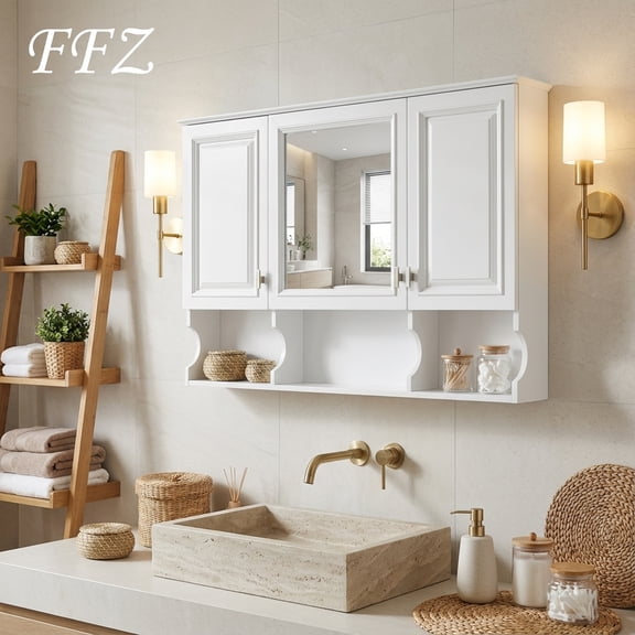 FFZ 41-Inch Wall-Mounted Mirror Medicine Cabinet (White/Black): Open Shelves   Adjustable Storage for Bathrooms（Not Include Bathroom)