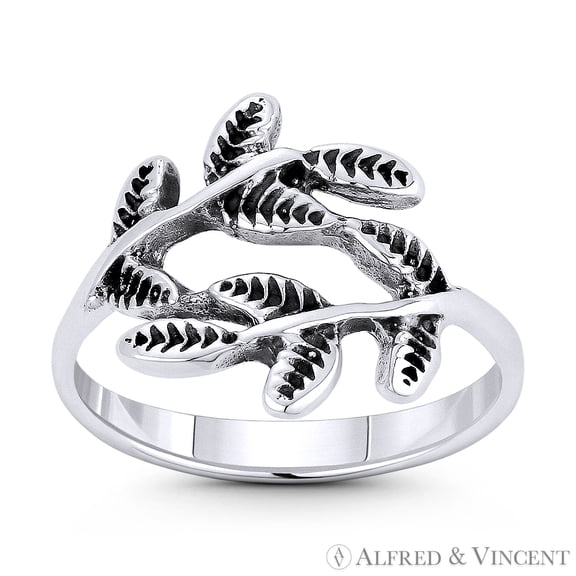 Olive Branch & Leaf Charm Peace, Victory, & Friendship Totem 13mm (0.5in) Stackable Bypass Ring in Oxidized .925 Sterling Silver