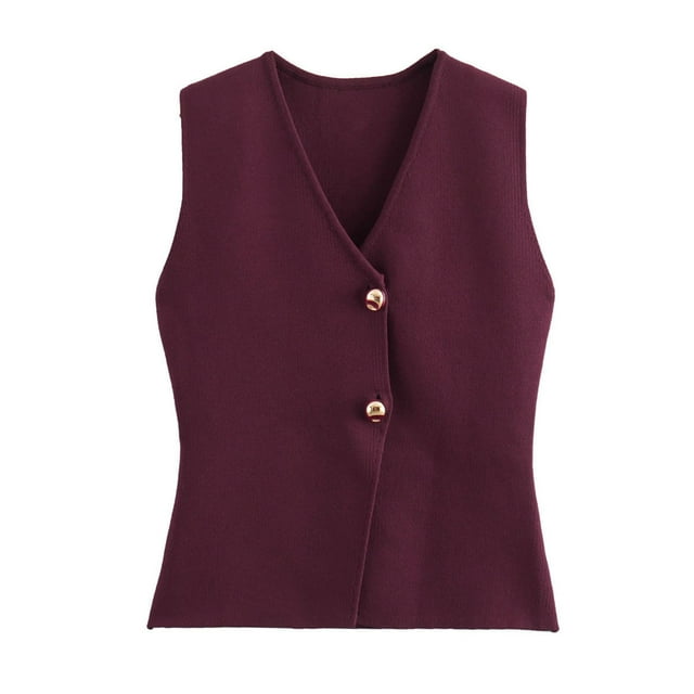 Chaleco corto de punto FindThy para mujer, cuello en V, con botones, color rojo vino