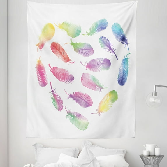 Feather Tapestry, Fluffy Dreamy Pattern with Watercolor Elements Plumage Romantic Design, Fabric Wall Hanging Decor for Bedroom Living Room Dorm, 5 Sizes, Multicolor, by Ambesonne