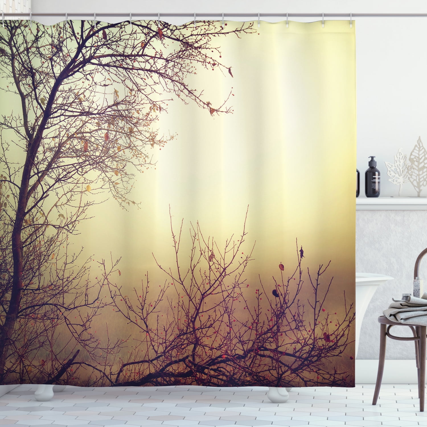 Nature Shower Curtain, Vintage Leafless Autumn Tree Branches Background