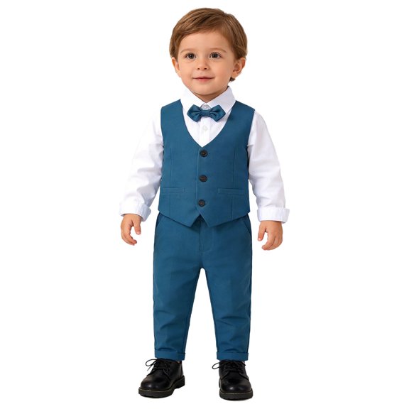 renvena Baby Boys 4Pcs Formal Suit Bow Tie Long Sleeve Dress Shirt Button Tuxedo Vest and Pants Gentlemen Outfits Blue 12-18 Months