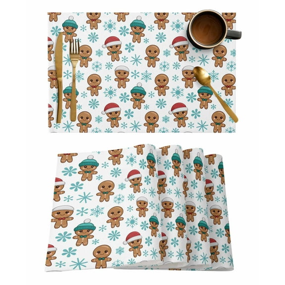 Cute Gingerbread Man Placemats Set of 8 Christmas Winter Snowflake Heat Insulation Washable Place Mats, Rustic Non-Slip Table Mats for Dining Table Party Kitchen Decor,13x19 Inch