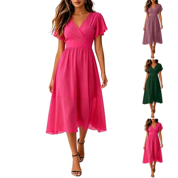 Women's Summer Chiffon Midi Dress Flutter Sleeve Wrap V Neck A Line Flowy Long Dress Wedding Guest Party Dress Beach Vacation Sundress Purple