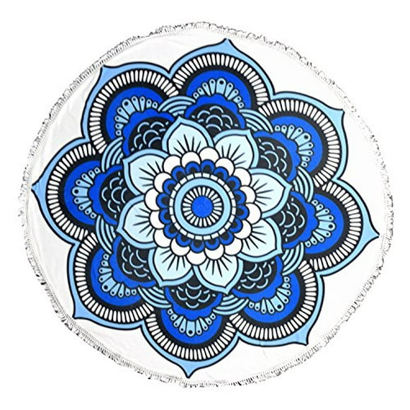 Peach Couture Serviette de Plage Ronde Tapis de Yoga en Coton Éponge avec Franges - Plusieurs Designs & Couleurs Floral Bleu