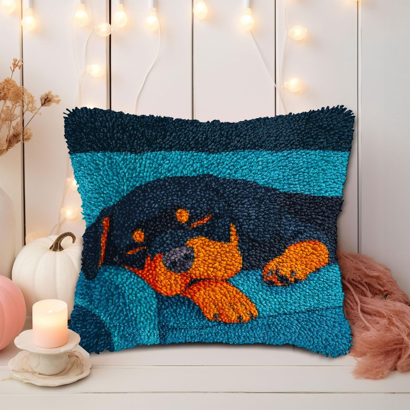 DIY Latch Hook Pillow Kits for Adults Rottweiler Dog Puppy Sleeping Printed Pillowcase Crochet Yarns Hooking Handmade Pillow Cover Cushion for Home Sofa Decoration 17x17inch-4