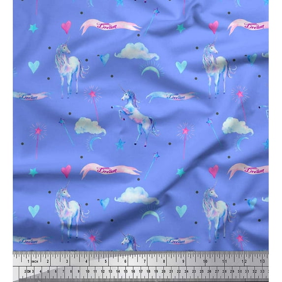 Soimoi Blue Heavy Satin Fabric Cloud & Unicorn Animal Print Sewing Fabric Yard 54 Inch Wide