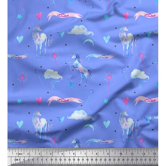 Soimoi Blue Cotton Duck Fabric Cloud & Unicorn Animal Print Fabric by the Yard 42 Inch Wide
